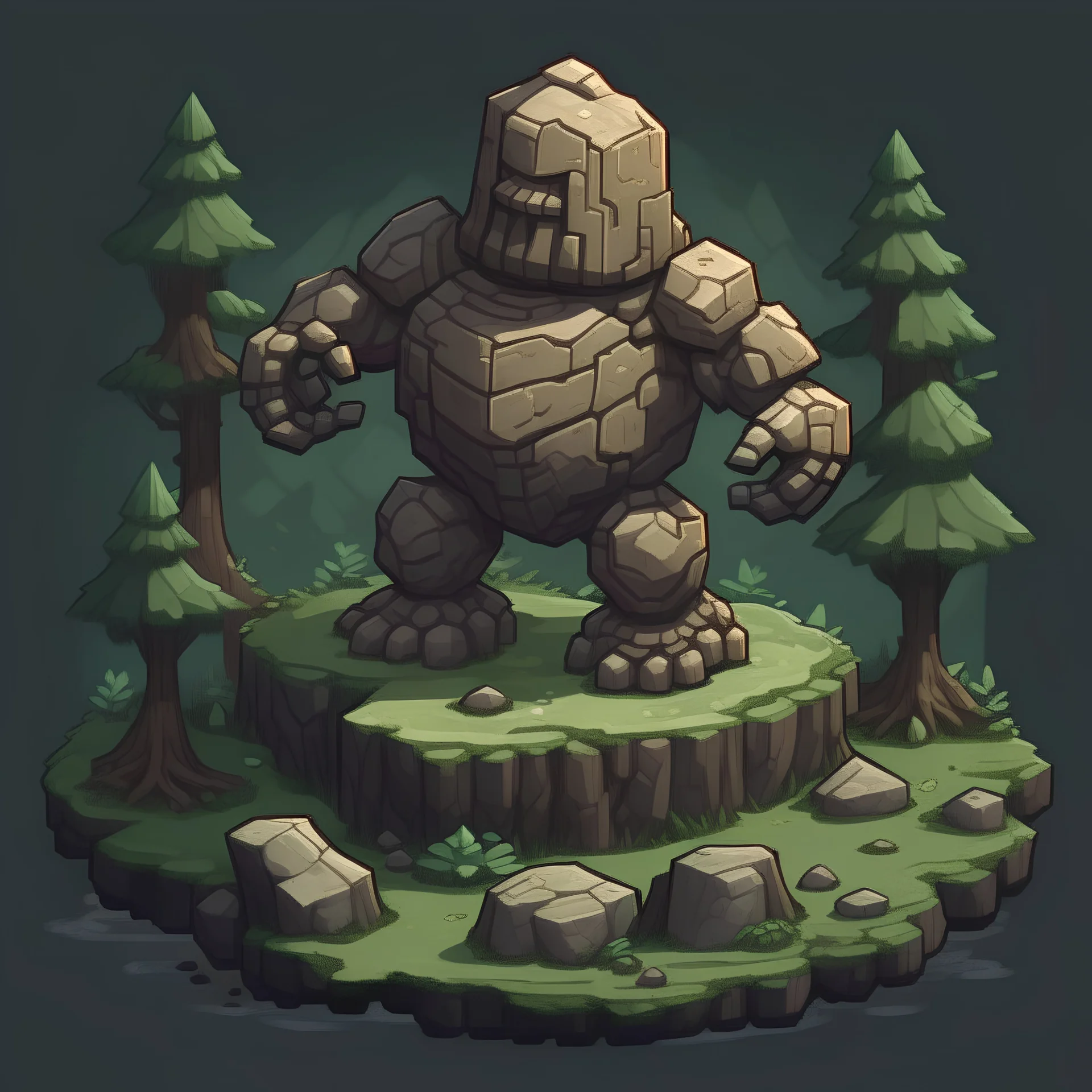 Stone magic golem, round shaped pixelart magic forest