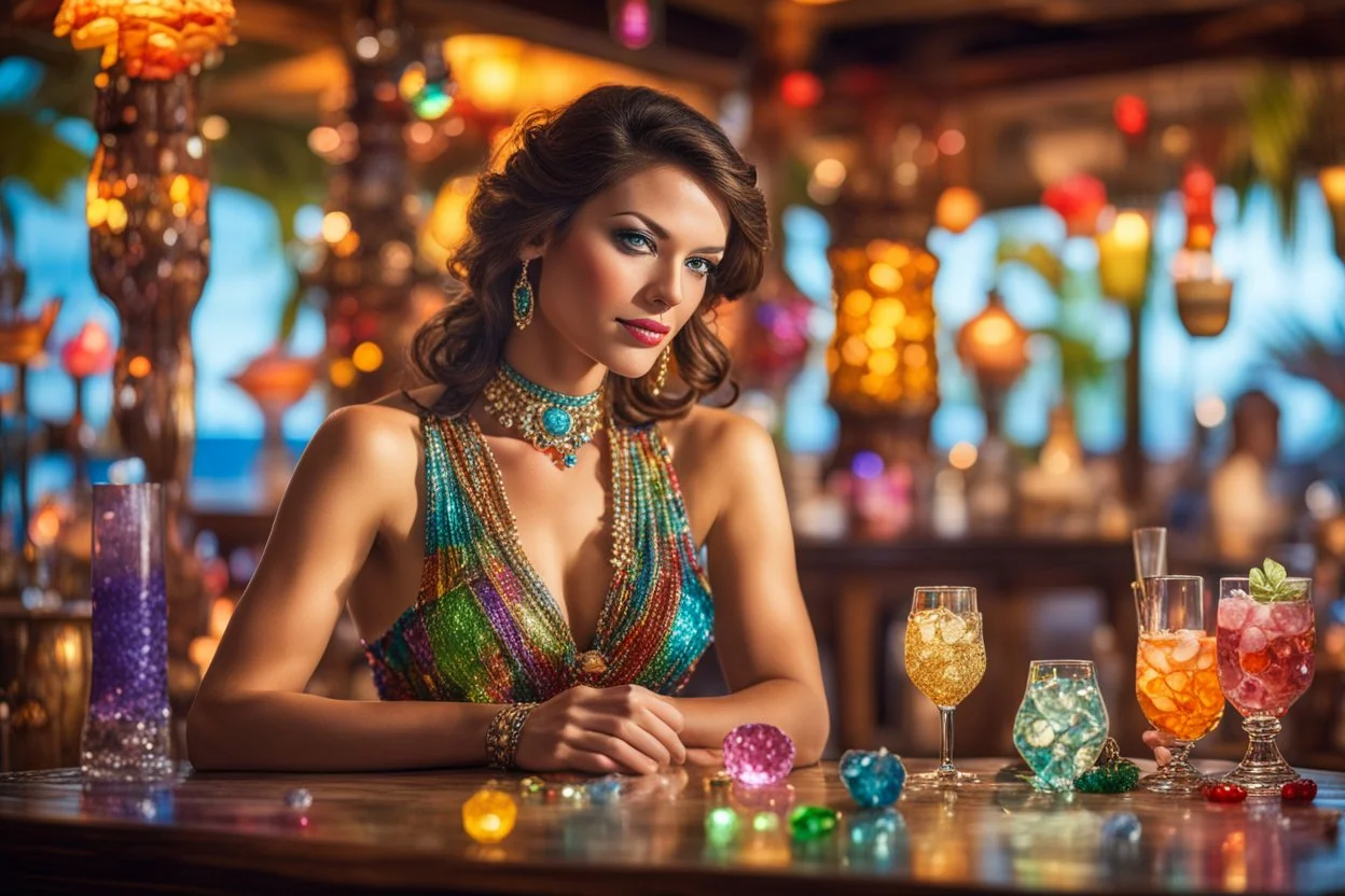 Coloured glass beautiful brunette woman in the tiki bar with cocktails set with gemstones, glittering metal stems and gemstone leaves on a room table sharp focus elegant extremely detailed intricate very attractive beautiful dynamic lighting fantastic view crisp quality exquisite detail gems and jewels S<AI in sunshine Weight:1 Professional photography, bokeh, natural lighting, canon lens, shot on dslr 64 megapixels sharp focus Weight:0.9