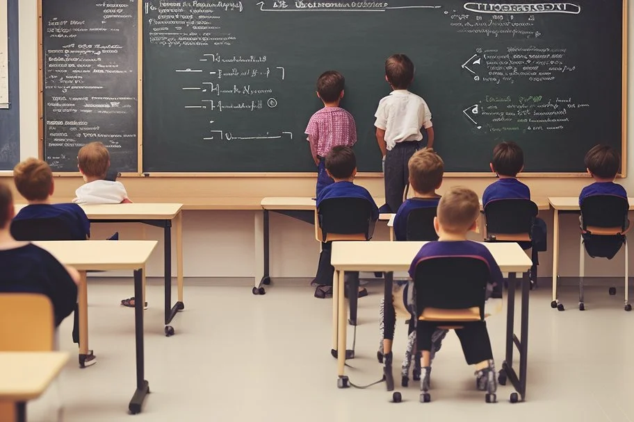 class of children's students, view from the back of the class, looking at the blackboard, students sitting at their desk and a student writing on the blackboard, real photography, reality, photojournalism