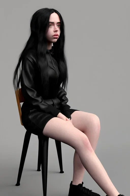 Billie Eilish, sitting on a chair, Black Short Dress, high detail, realistic