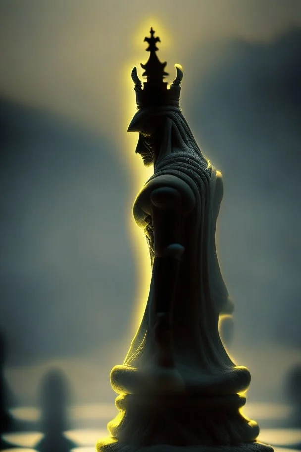 nephilim watcher chess piece buildt of by yellow stones misty trending, depth of field, backlit