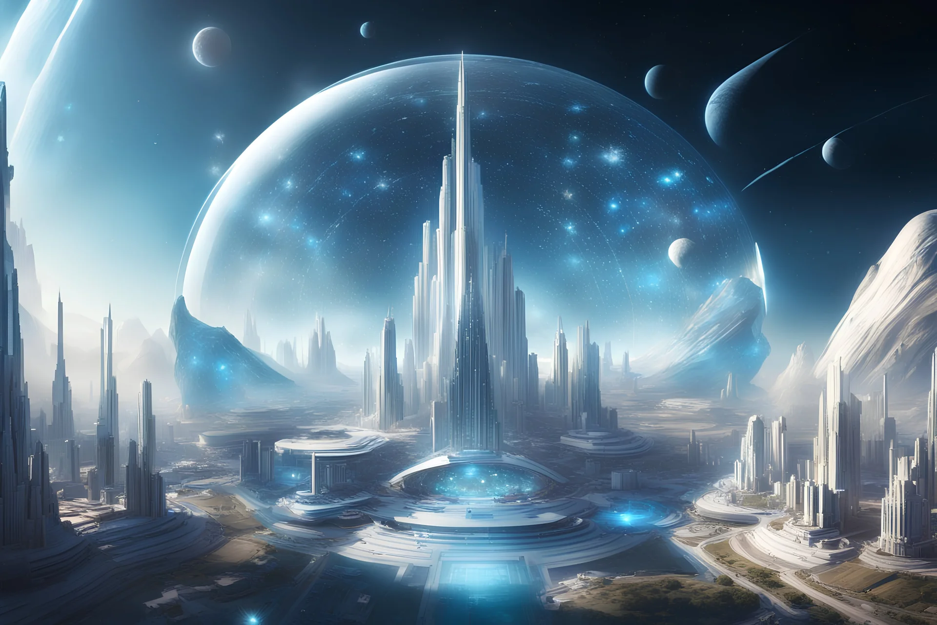 pure and very fine extraterestrial city on cosmic sea, white futuriste, great and blue facette cristal dome, vaisseaux spatiaux, 4k, hyperréaliste, cosmic srars sky, great civilisation, beautifull, spiritual inspiration
