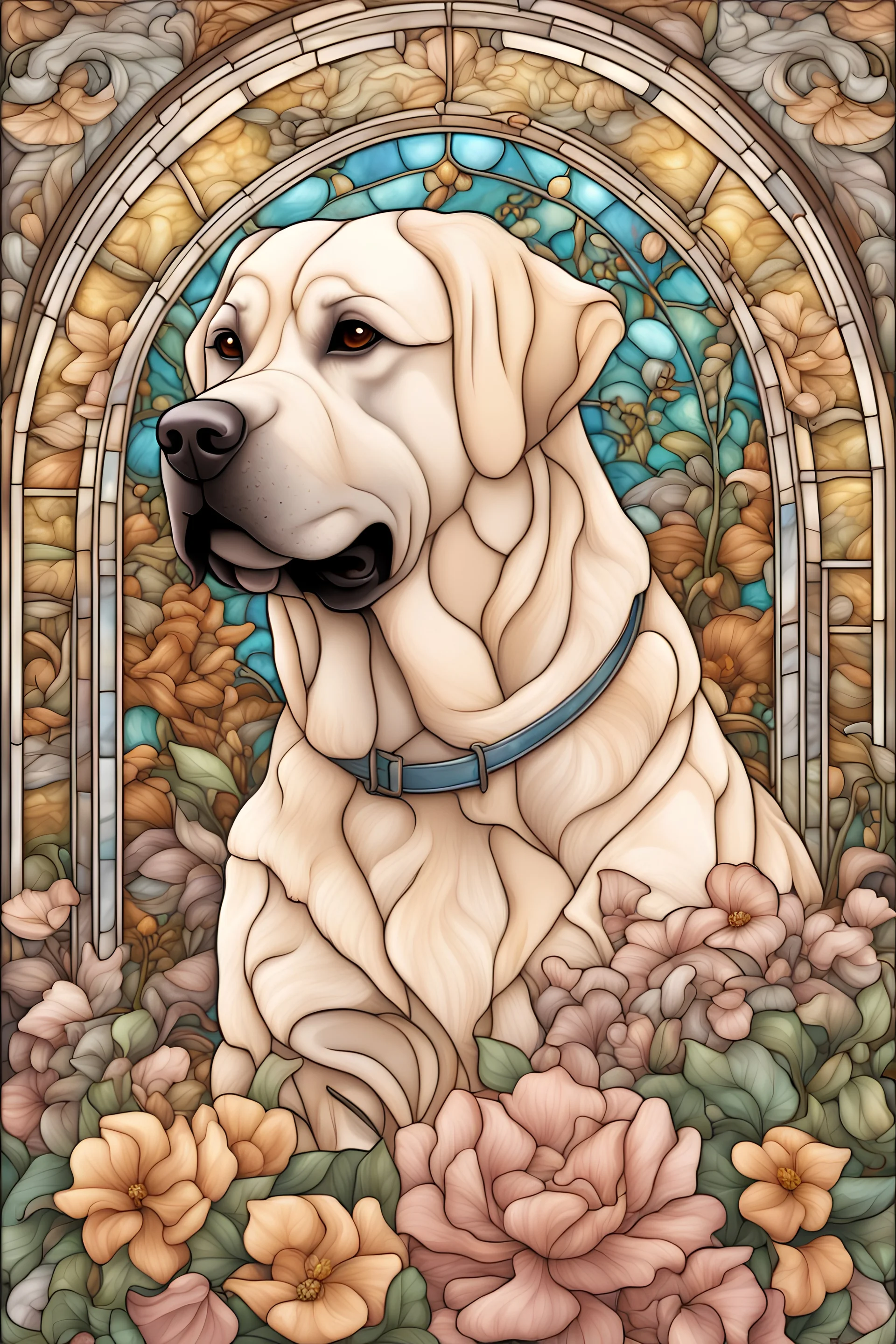 stained glass window design of an overwhelmingly Labrador framed with vector flowers, long shiny, wavy flowing hair, polished, ultra-detailed vector floral illustration mixed with hyper realism, muted pastel colours, vector floral details in the background, muted colours, hyper-detailed ultra intricate overwhelming realism in a detailed complex scene with magical fantasy atmosphere, no signature, no watermark