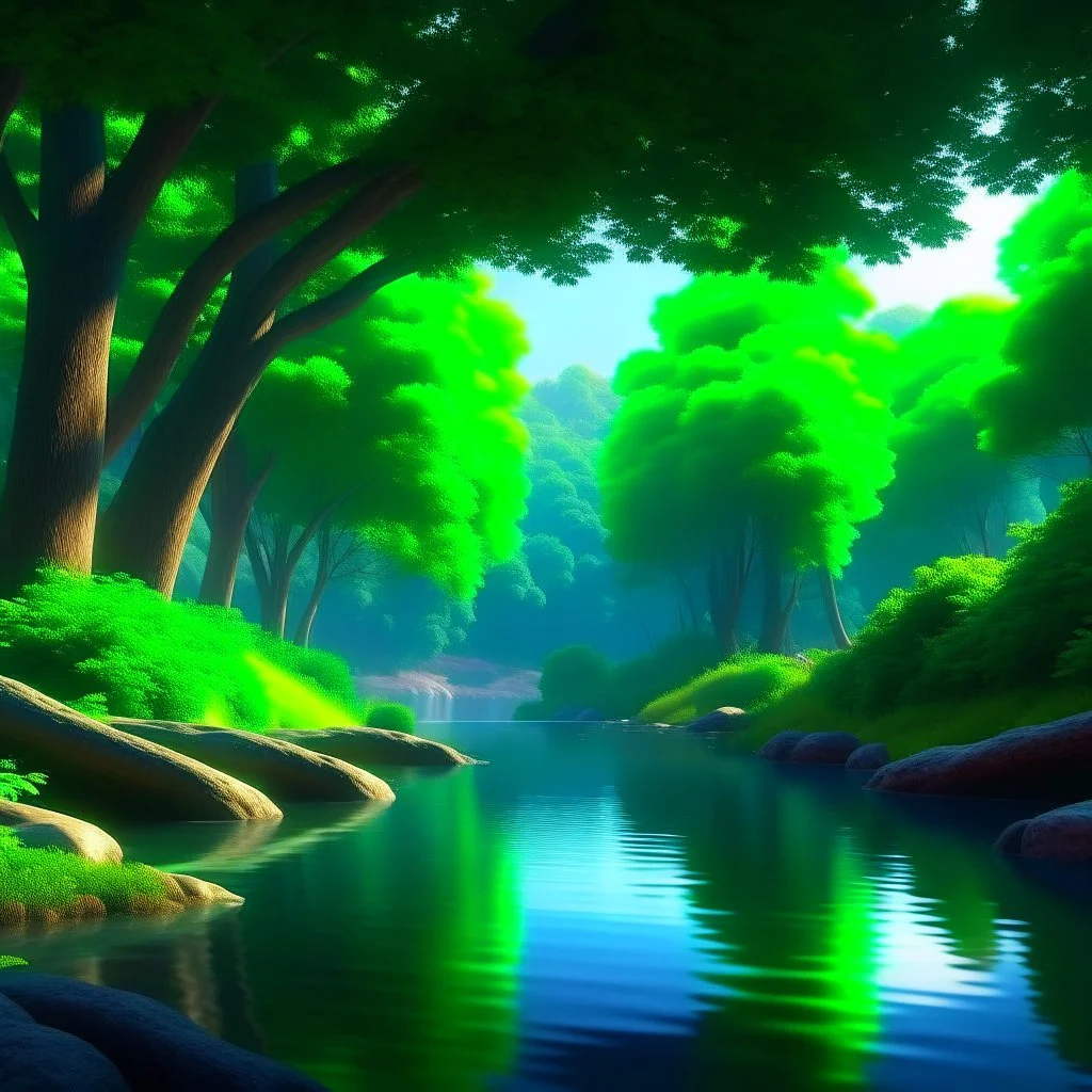 Forest and river leafy trees hyper-detailed 8k digital art