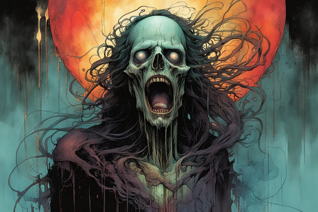 a surreal full body portrait of the inner workings of her disturbed mind as a nightmarish charnel house of screaming pain , in the comic book style of , Bill Sienkiewicz, , Alex Pardee , and Jean Giraud Moebius, muted natural color, sharp focus, ethereal , dark and foreboding