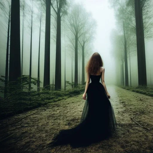 beautiful goddess , great body, long legs, beautiful clothes, long hair, beautiful face, in a gloomy forest, fog-covered air, darkness, eerie atmosphere, eerie music, dim moonlight, camera set to film noire, shallow depth of field, low saturation, high contrast