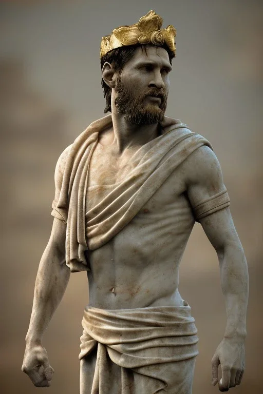 Realistic image, Roman sculpture made in marble with gold veins, Lionel messi, gold laurel leaves crown, waist up portrait,marble material, gold ornaments, Renaissance style, sun rays background, epic, celestial, cinematic lighting, God lights, 4k resolution, smooth details, soft lighting, unreal engine 5, art station, substance 3d.