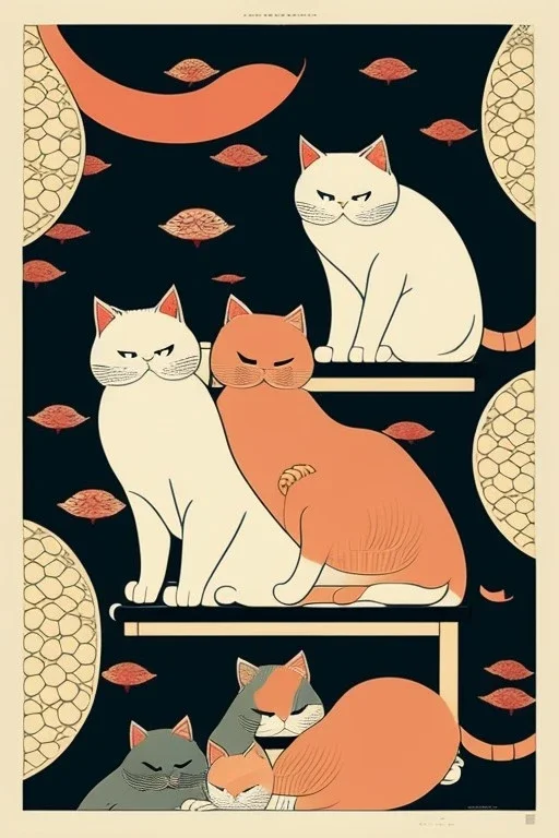  a group of cats that are on top of each other, a poster by Nōami, ukiyo-e, anime aesthetic, minimalist.