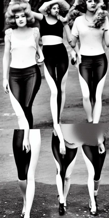 Four Ziegfeld Girls, beautiful face on leggings walking black and white