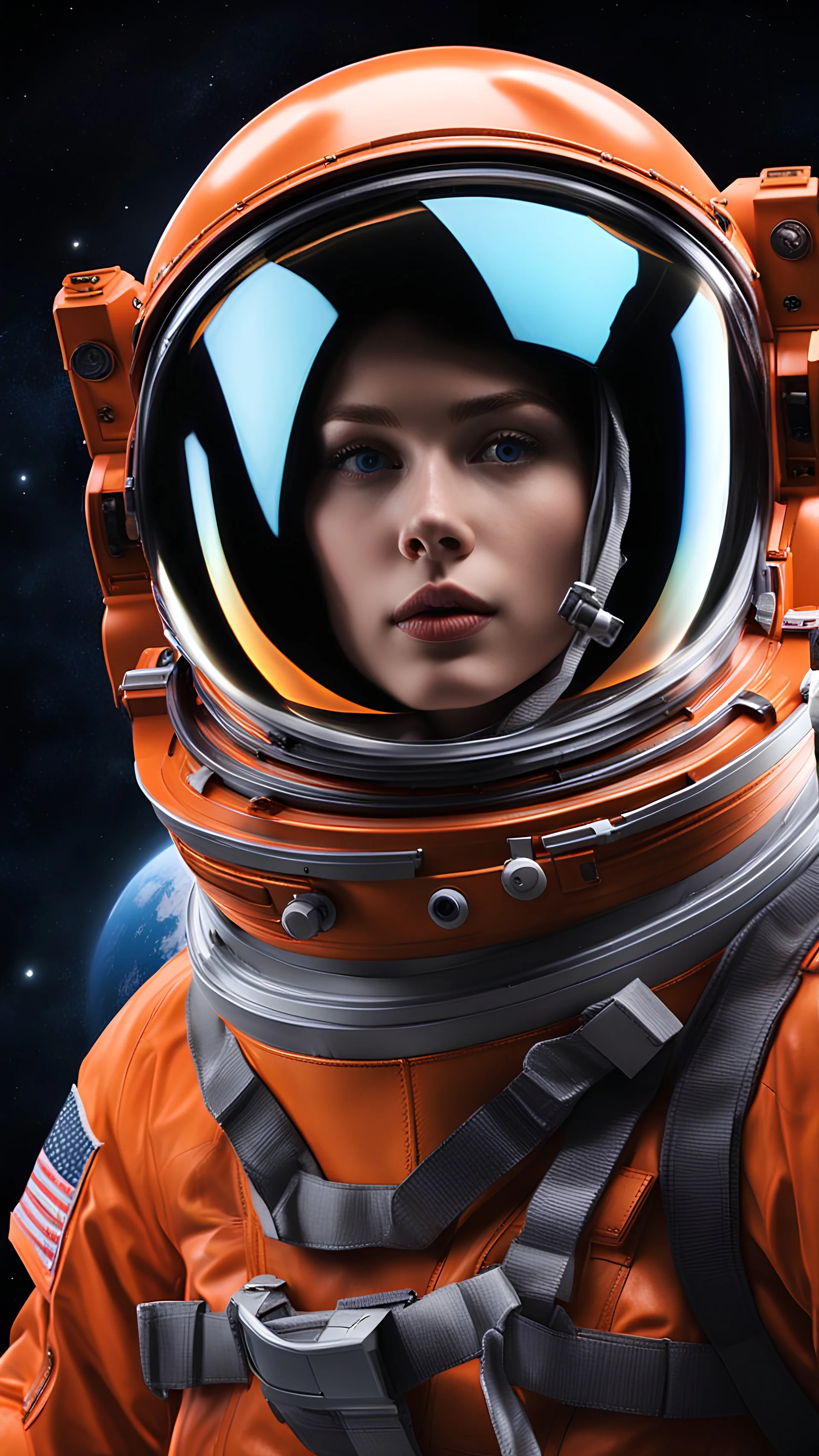 side view photo realistic of pretty girl astronaut wearing sufficient simple unique amazing mask has color #edb00e, the mask is big glass and the rest made of chromium metal one layer color #edb00e, outside view of a planet reflected partially transparent, smooth mask, color gradient astronaut mask orange color, enhanced exposure lights, surprised with landscape emotional look delicate athletic body, futuristic appealing intricate meticulously detailed, volumetric lighting, 250 megapixels 8K