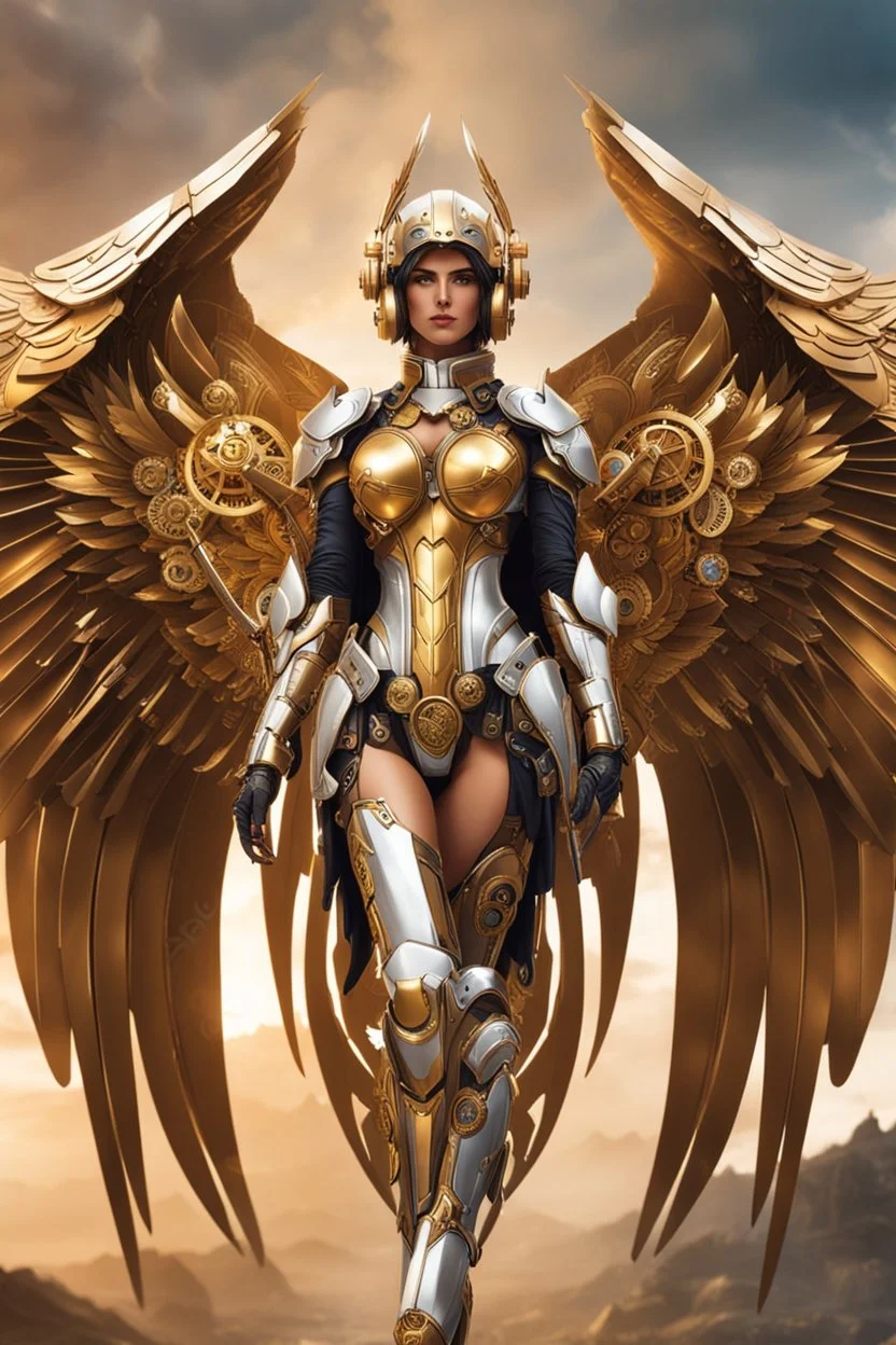 Photo Full body Lady Angel cyborg straddle wings, using traditional armor,detailed, intricate,gears cogs cables wires circuits, gold silver chrome copper,abstract background