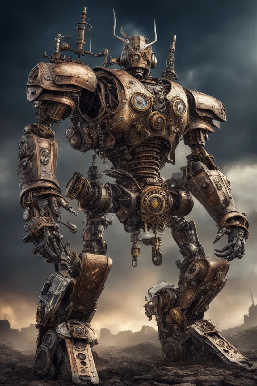 steampunk warrior robot with a big, complicated and detailed mechanical sword in a battlefield. Masterpiece, hyper detailed, details, battlefield, dramatic, dramatic lighting