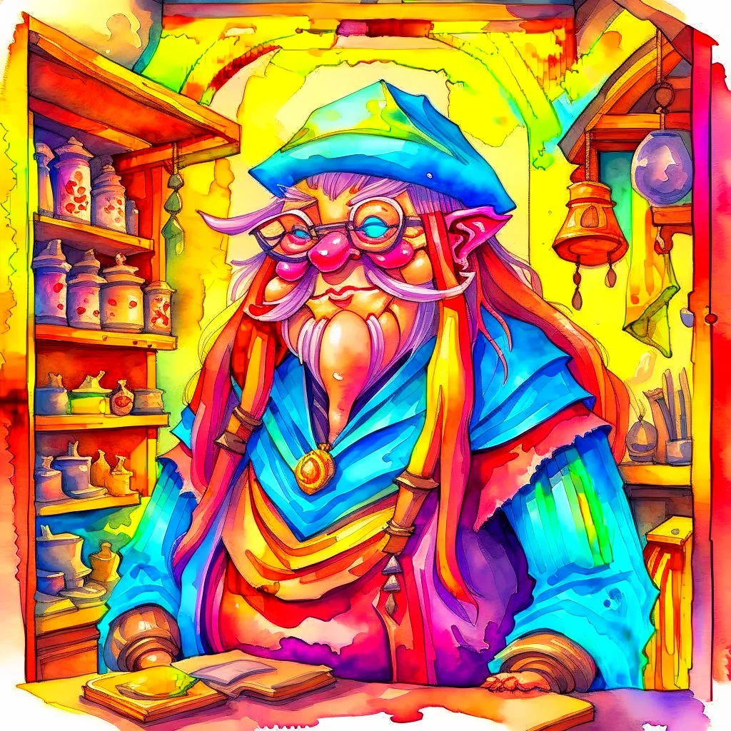 fantasy, watercolour, illustration, portrait, dwarf woman, sturdy, shopkeeper