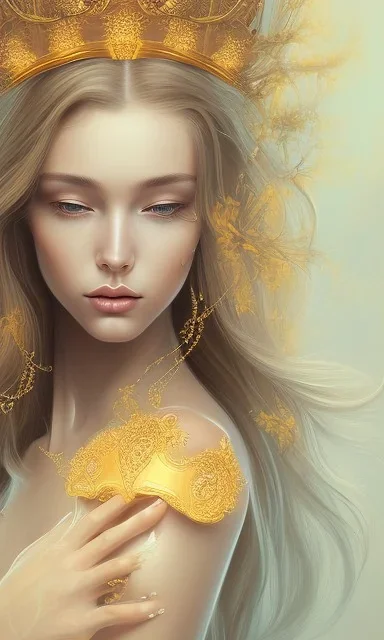 Portrait of beautiful women, correct facial symmetry, golden crown, golden hair, dark background, white flowers, loish style, painting, 8k, colorful, brush strokes,