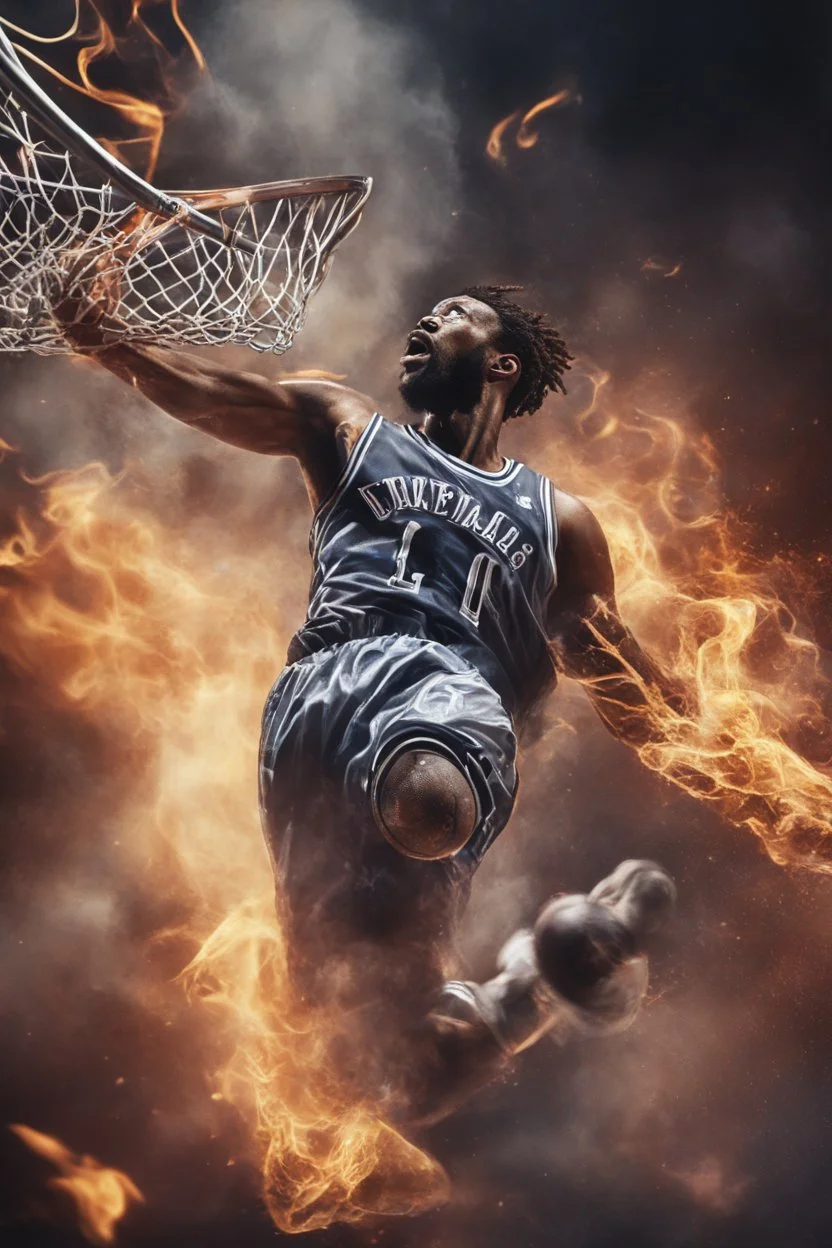 8k, highly realistic and detailed image of a NBA basketball player in action dunking the ball in the net, sweaty hair, screaming look,action and smoke and flames background