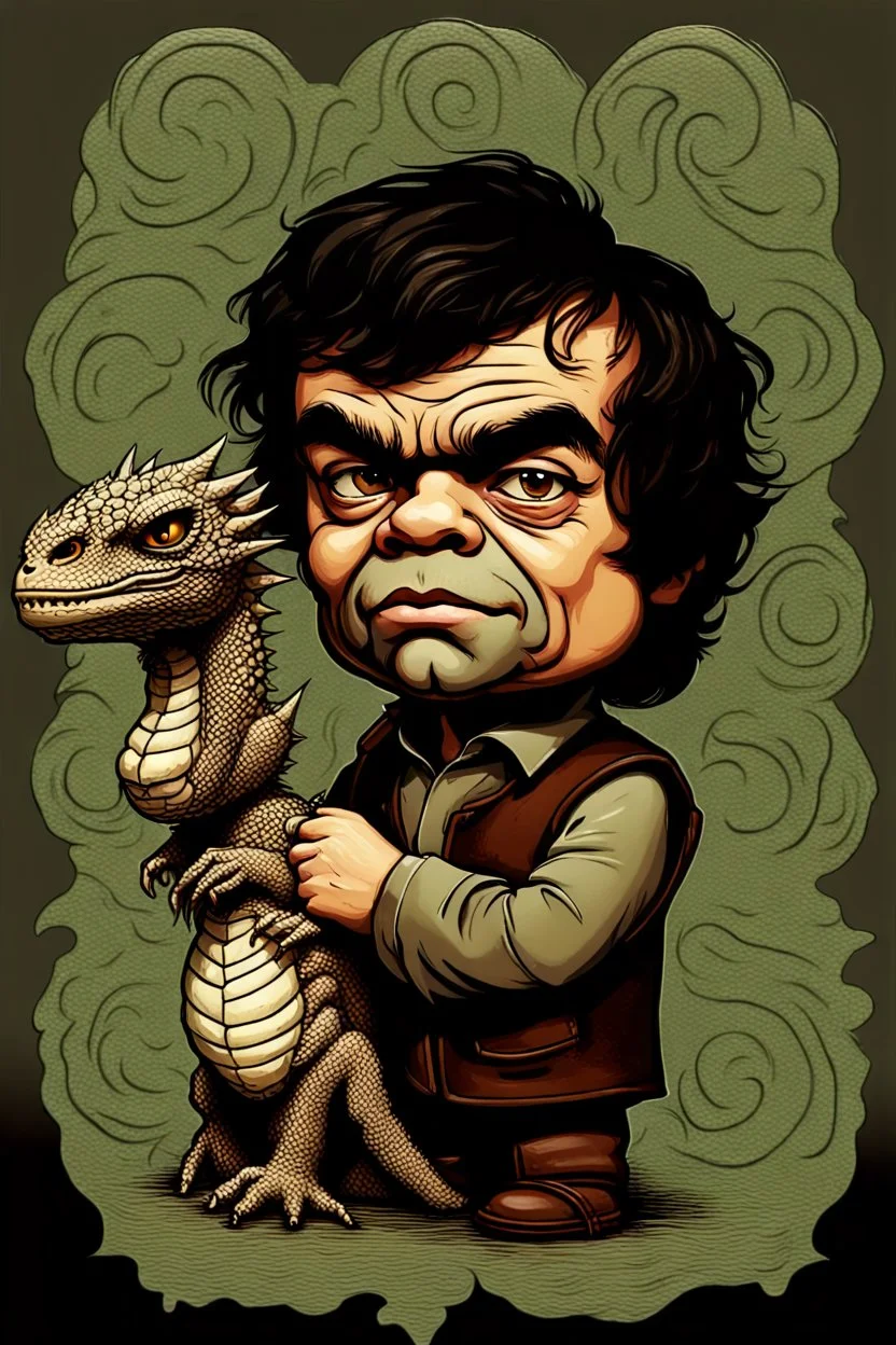 portrait of an odd but strangely beautiful yet odd little humanoid creature named Herve Villechaize in the role of "Tyrion Lannister" from "Game of Thrones" with a dragon in the background Modifiers: very cute Norman Rockwell style of Bobby Chiu style of Chris Ryniak