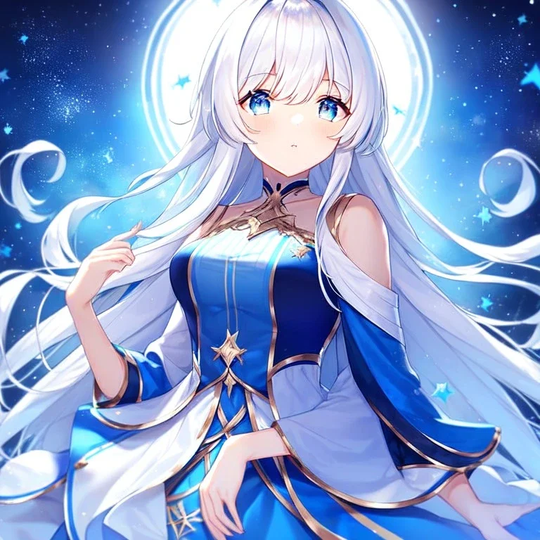 girl, masterpiece, best quality, volumetric lighting, detailed outfit, perfect eyes, white hair, blue eyes, long hair, starry dress,