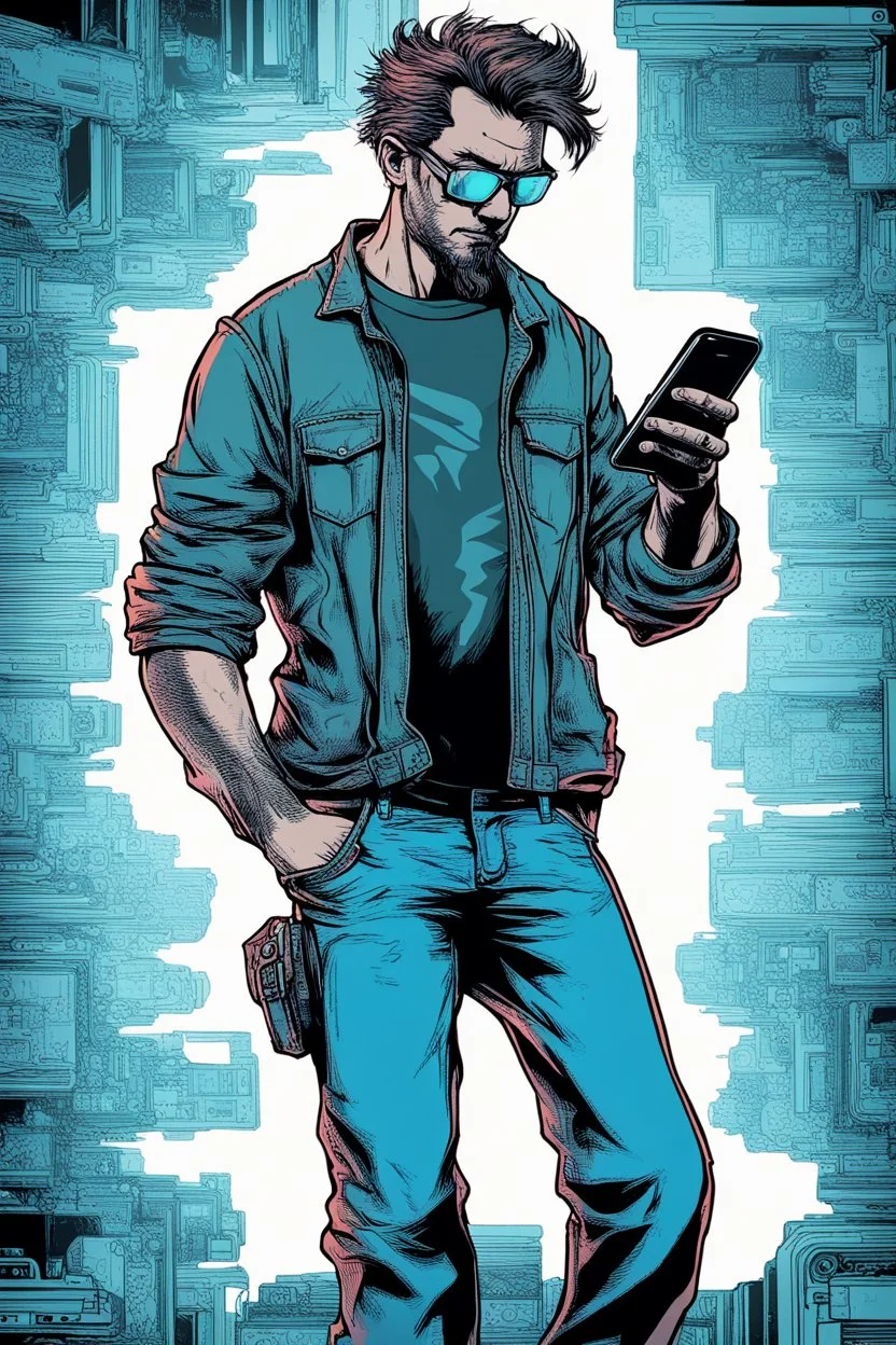 man, cyberpunk, holding a cellphone, comic book art style, geek, engineer, t-shirt, jeans, drug addict,