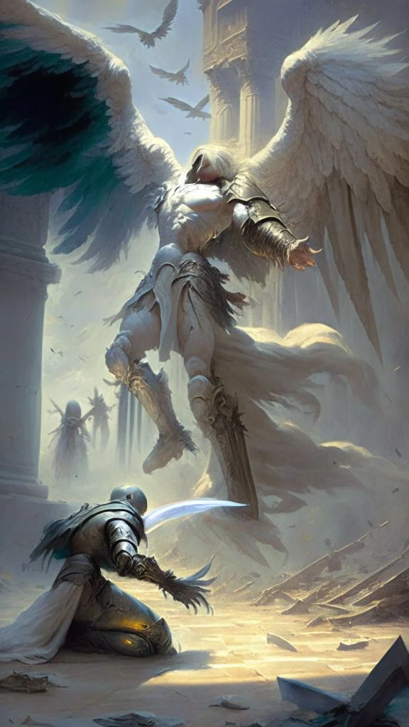 angel reaching a dead paladin, battlefield in the background