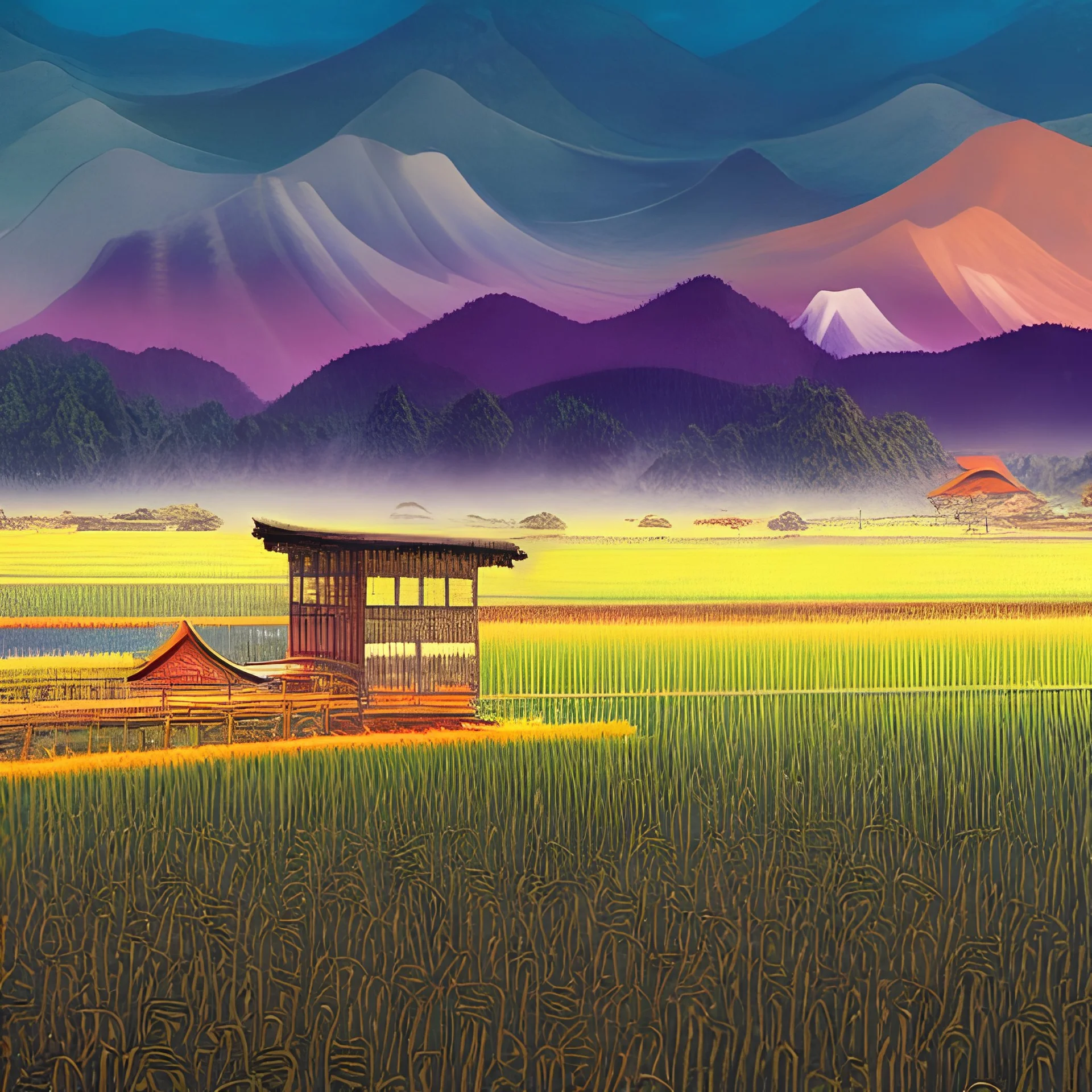 incredible, stunning japanese rice fields with wood shanties, mountains in the distance, colorful morning sky and mist, ultrafine-detail, intricate, detailed matte, digital painting, artwork, Kupka, Toyen