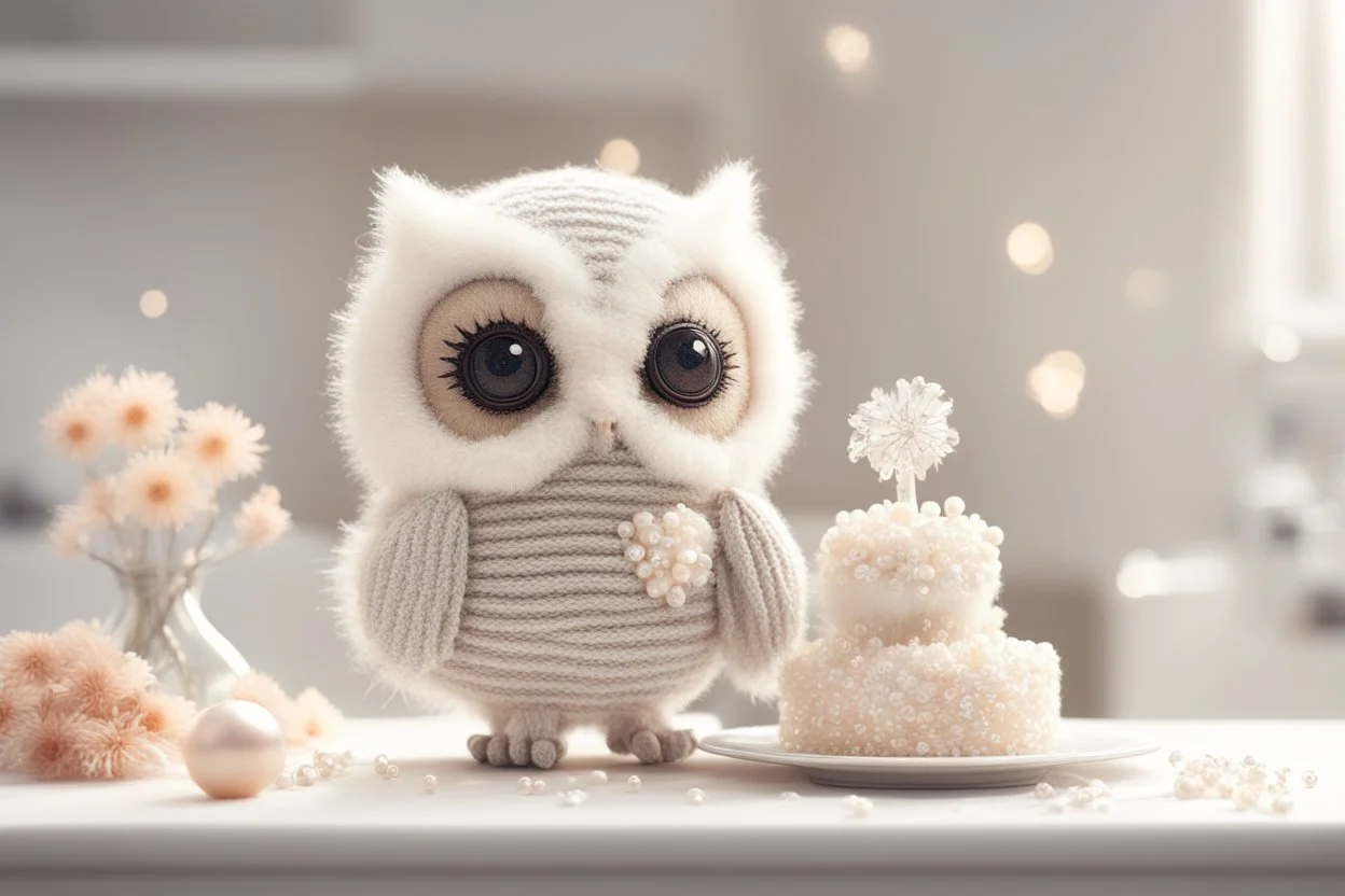 cute chibi plushy fluffy knitted and embroidered natural colored owl with cake in a kitchen, feathers, iridescent flowers incorporated, light emitting, bioluminescent holographic room, silver foil, sparkling diamonds, holographic raw pearls, ethereal, cinematic postprocessing