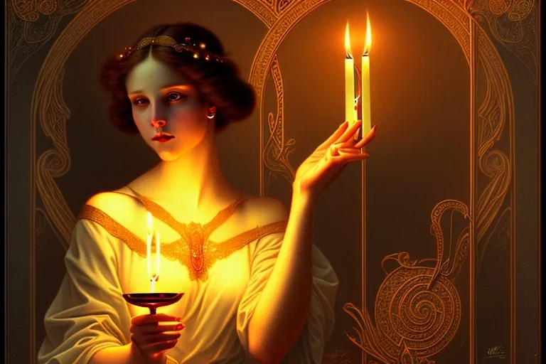 Art Nouveau A bold young womand holding a candle embraced by a ghost