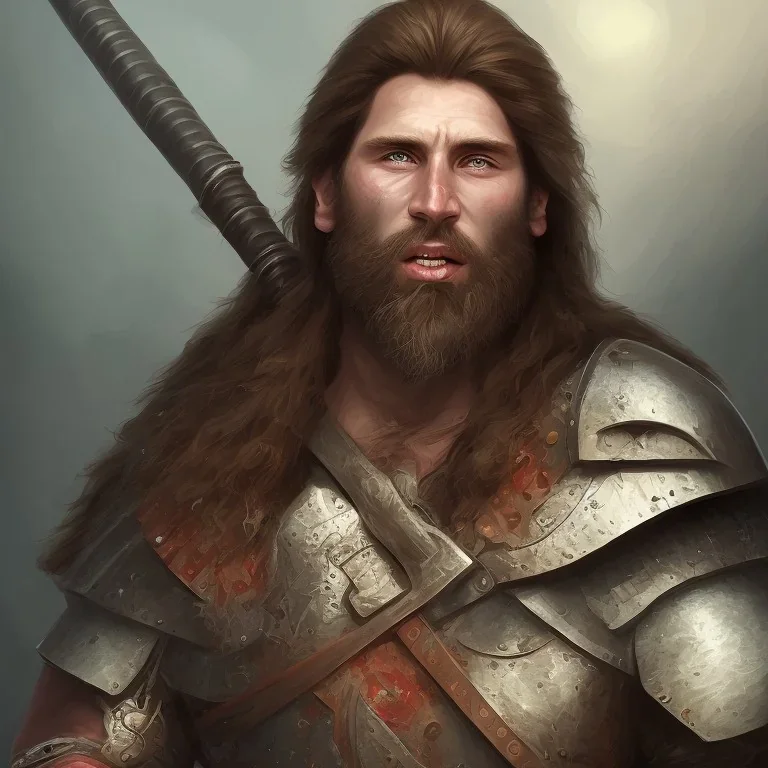 Portrait of Gradwulf the barbarian warrior. He is an unattractive man in his 30s with battlescars across his face. He wields a two-handed battle-axe.