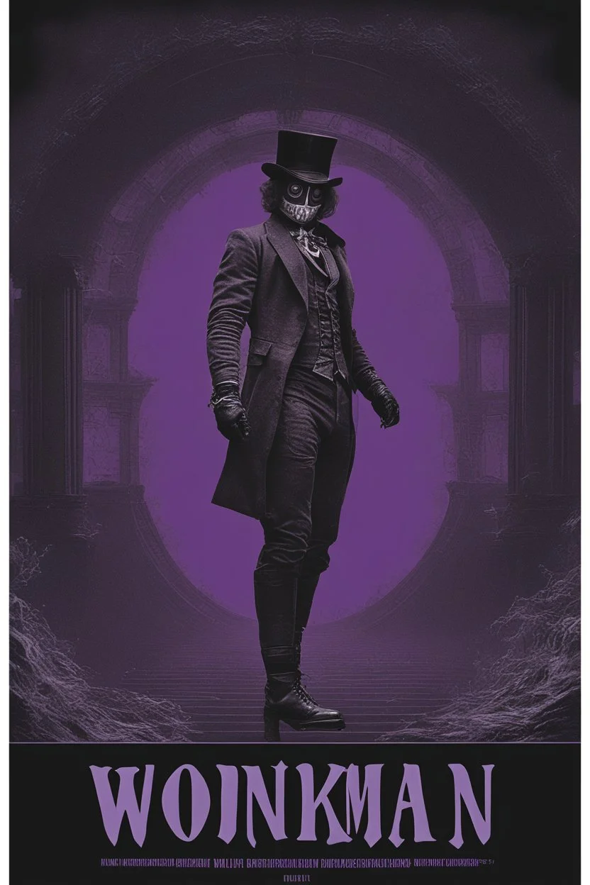 Pitch black Background - dark, wood panel wall in the background - - fog, mist, smoke - extreme action poses - Text "WONKAMAN" - WILLY WONKA - black, bandit eye mask - An extremely muscular and thick Willy Wonka wearing a skintight, formfitting purple bodysuit with black wrist gauntlets, a utility belt, black combat boots and a maroon top hat - he is known as "WONKAMAN" - Coby Whitmore, Christian Dior, Fragonard, Edmund Dulac, rococo masterpiece - professional quality photograph