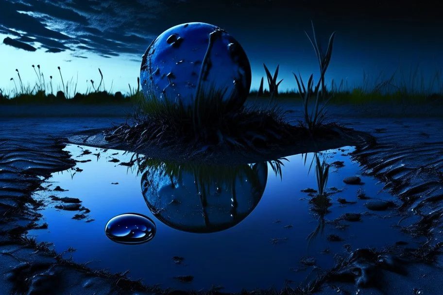 Dark blue sky with one exoplanet in the horizon, rocks, puddle, weeds, sci-fi movies influence, epic