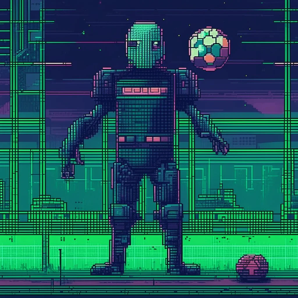 A pixel art cyberpunk version of the best football predictor master pundit master alien