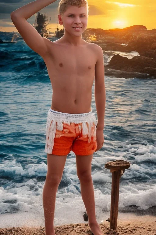 full body image of a beautiful 12 year old arabic boy with shoulder long, blonde curly hair and light blue eyes, smiling, shirtless, in front of an distant beach, sunset, photorealistic