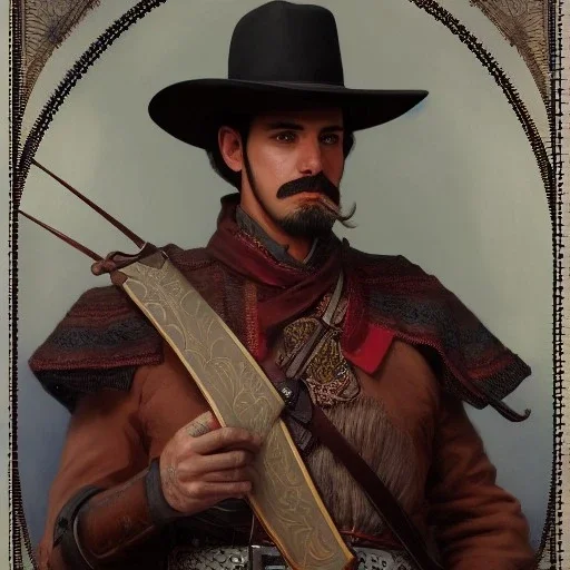 portrait,"Insanely detailed photograph of a male western mustachioed crossbowman", detailed charro, sequenced Sombrero, detailed held dagger, digital painting, artstation, concept art, sharp focus, illustration, art by artgerm and greg rutkowski and alphonse mucha, 8 k,fantasy, unreal engine