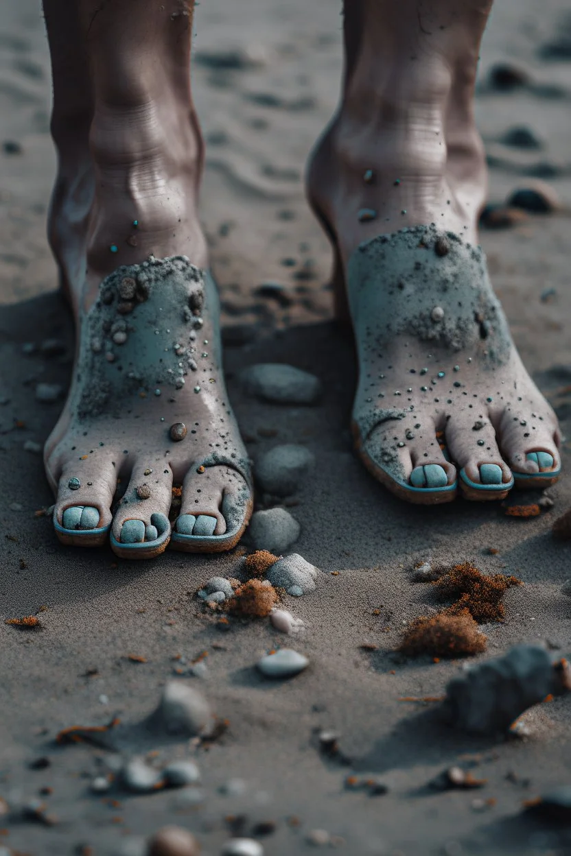 A toes looks dirty on the grey Sands and dirt, a broken glass