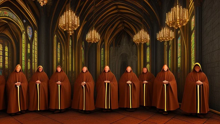 black robe hooded monks in the chapel