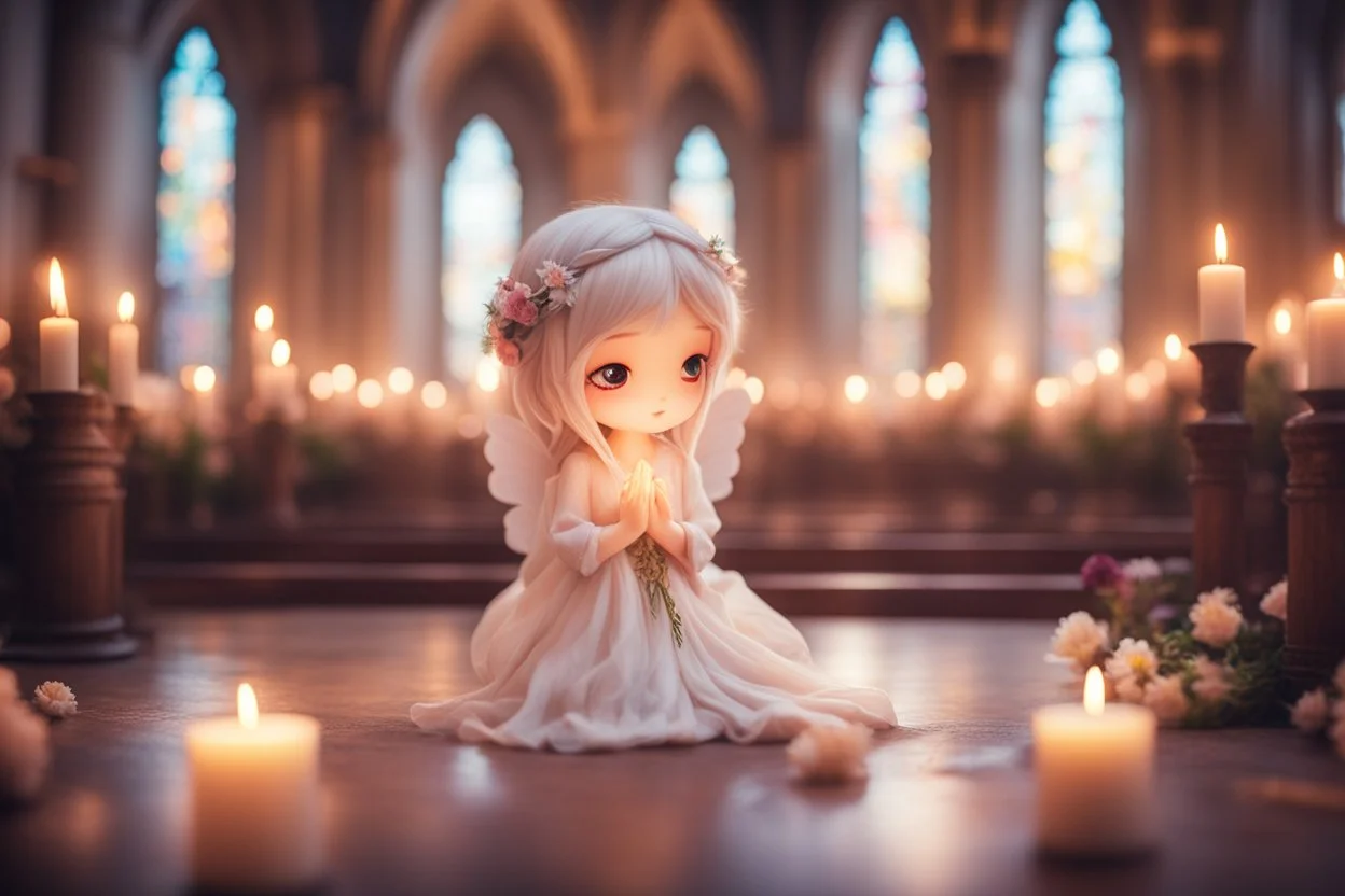 cute chibi fairy praying in a beautiful church, flowers, in candlelight, ethereal, cinematic postprocessing, dof, bokeh