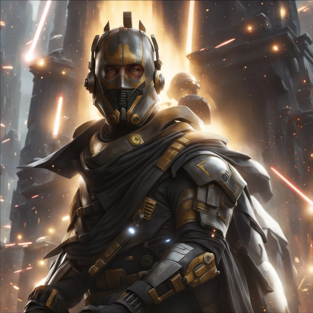 star wars bald male corellian pilot wearing pearlescent black and gunmetal grey First Order special forces heavy assault armor and helmet with gold trim inside the jedi temple, centered portrait, hyperdetailed, dynamic lighting, hyperdetailed background, 8k resolution, volumetric lighting, light skin, fully symmetric details