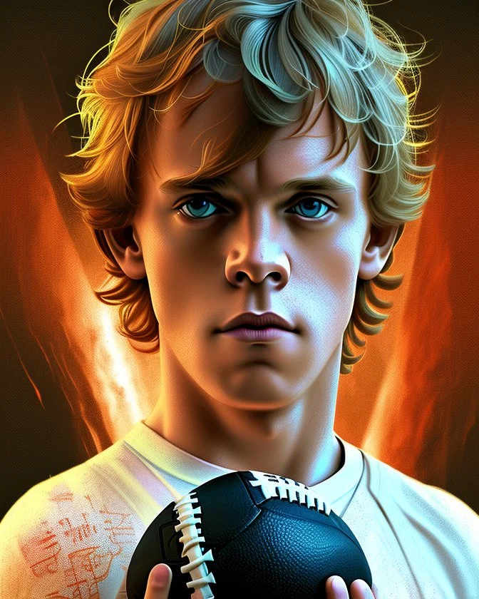 Portrait of young Luke Skywalker holding a football by Alex Ross, Disney, CGSociety, Carne Griffiths, Leonardo DaVinci, James Christensen character design, digital illustration, detailed sky background, Norman Rockwell, 8k resolution, Lou Xaz, cinema 4d