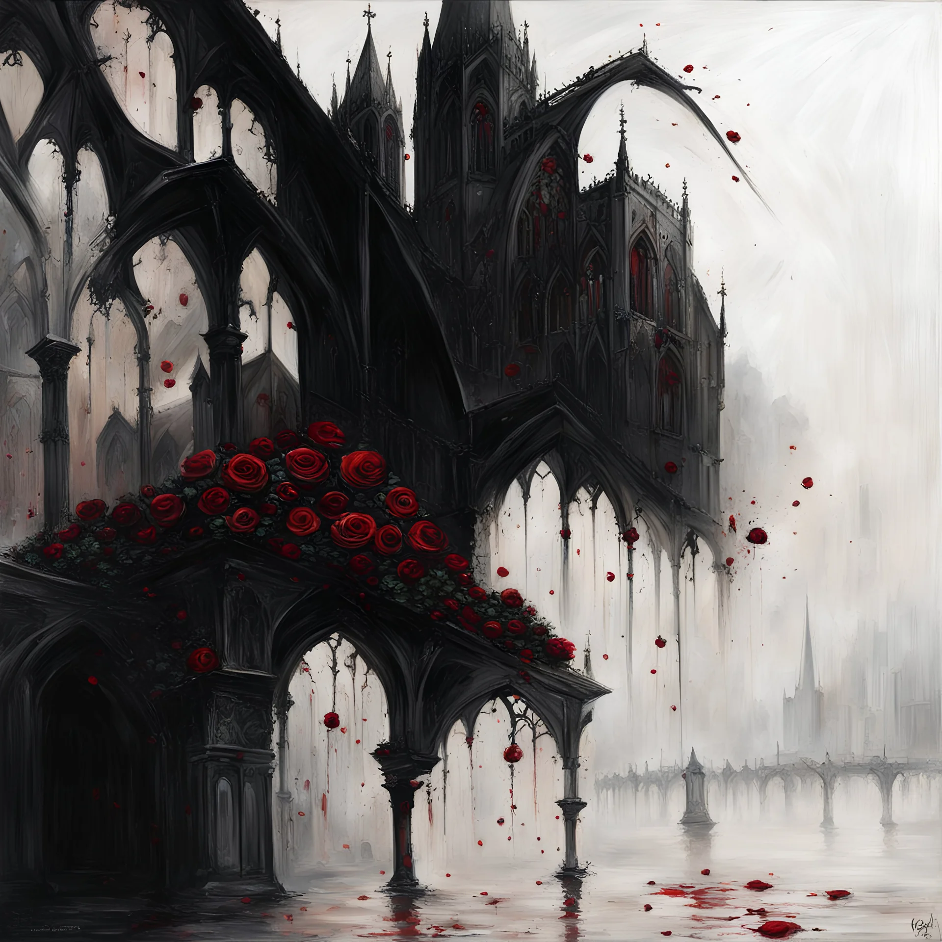 La peinture à l'huile fantastique romantique gothique représente une église gothique noire dominant une ville avec des roses rouges sang sur le sol