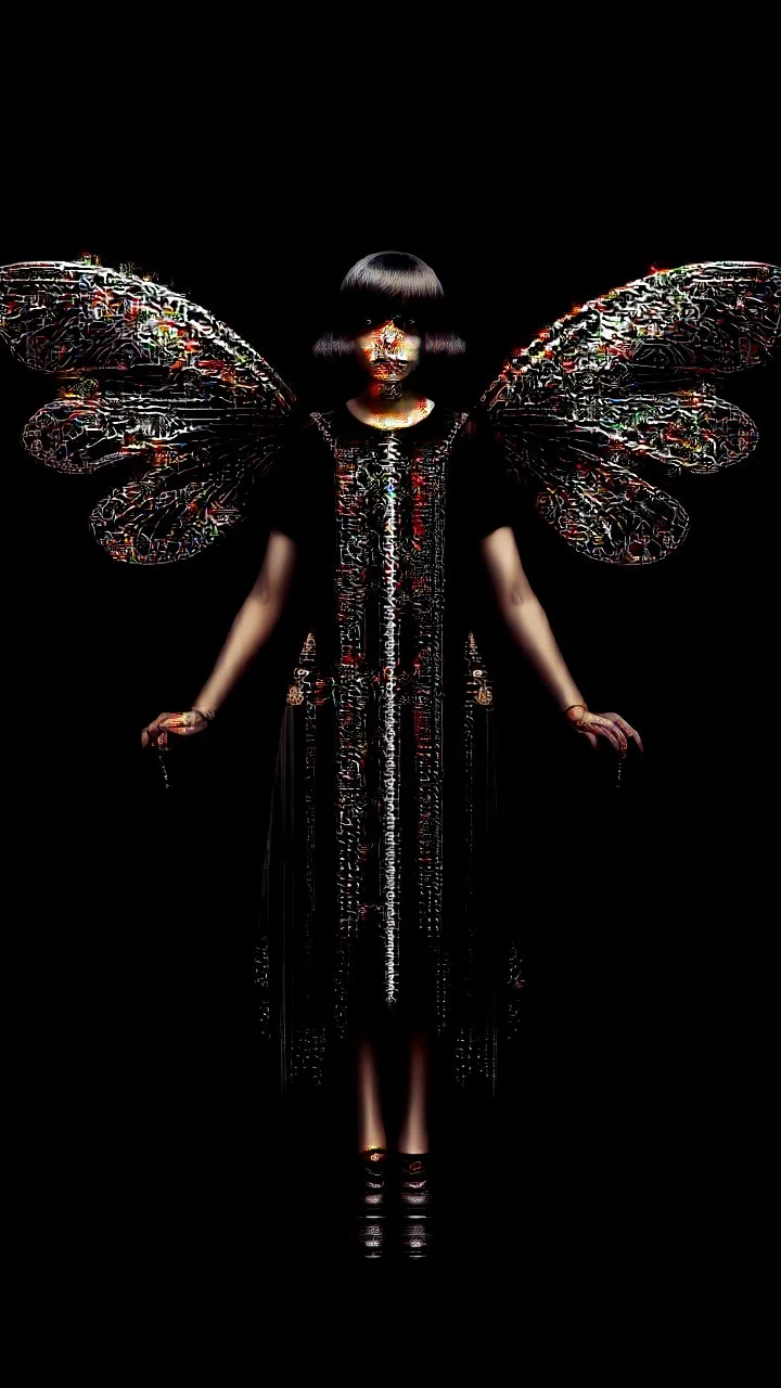 Full Body, Art Nouveau Woman With A Bob With A Fringe Hairstyle, 1920s Clothing, Steampunk Metal Moth wings, Black Background