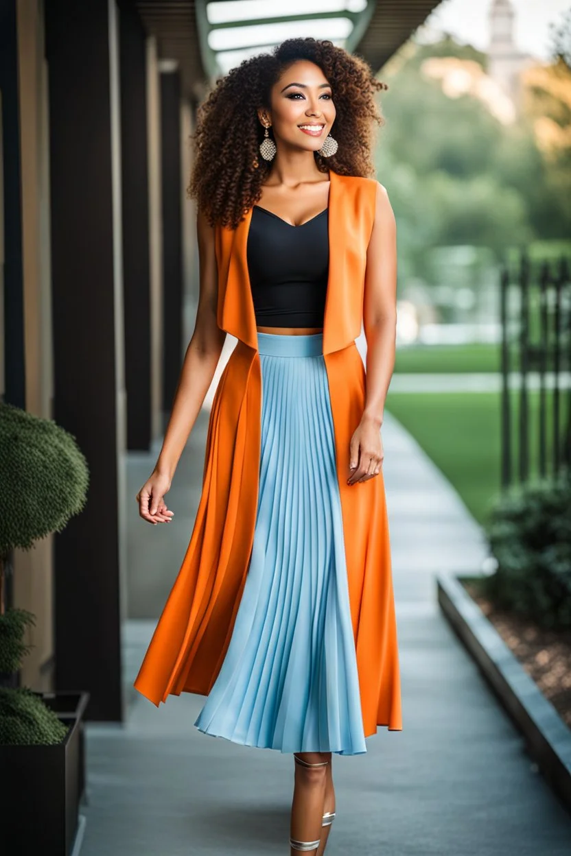 fullbody shot of young-beautiful-ozbek-with-a-perfect-face-with-make-up-wearing-orange top and midi pleated light blue skirt standing , prophesional photography studio