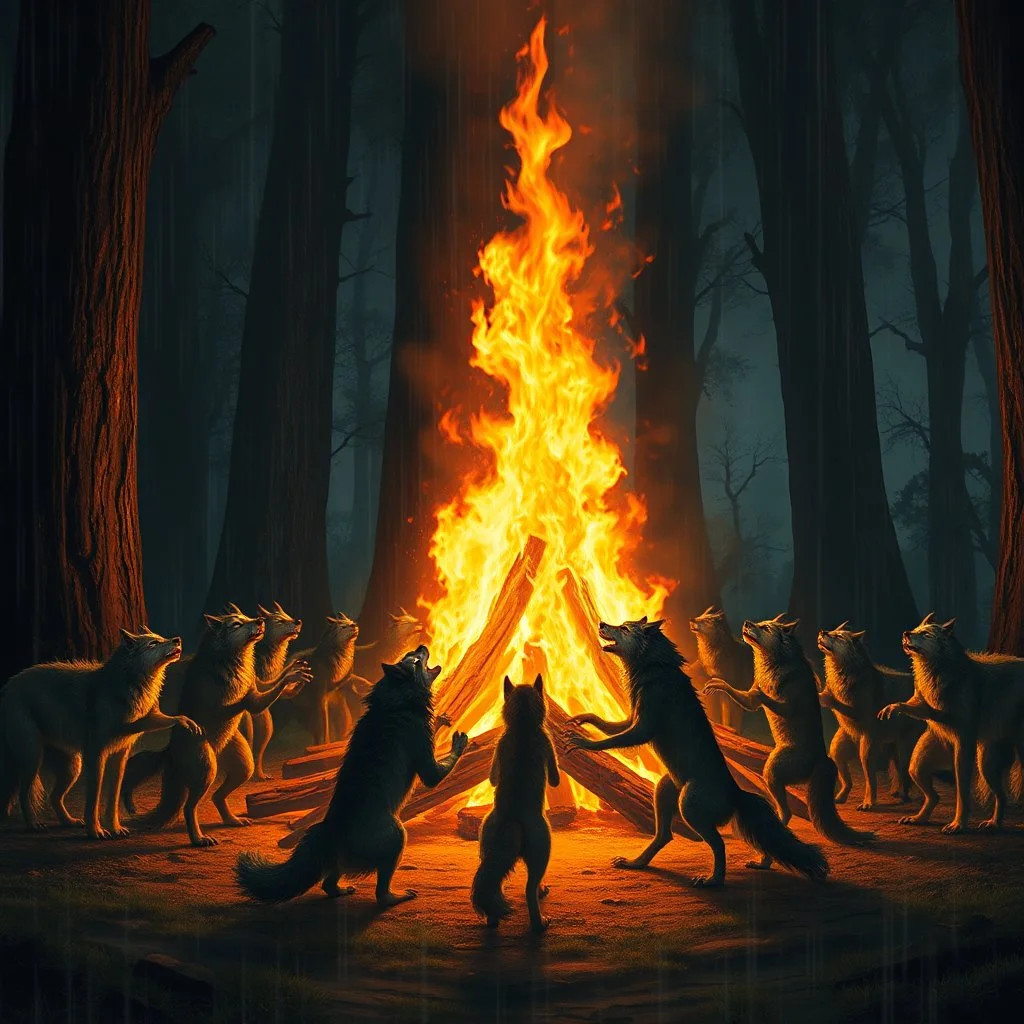 a large bonfire with its flames rising high in a clearing, around the bonfire anthropomorphic wolf humanoids of different ages, sizes and colors are crying, dancing, singing or just watching the flames. around them in the background dark trees with huge trunks, rainy day, high contrast, high detail, atmospheric, dark fantasy, sci-fi atmosphere, cinematic