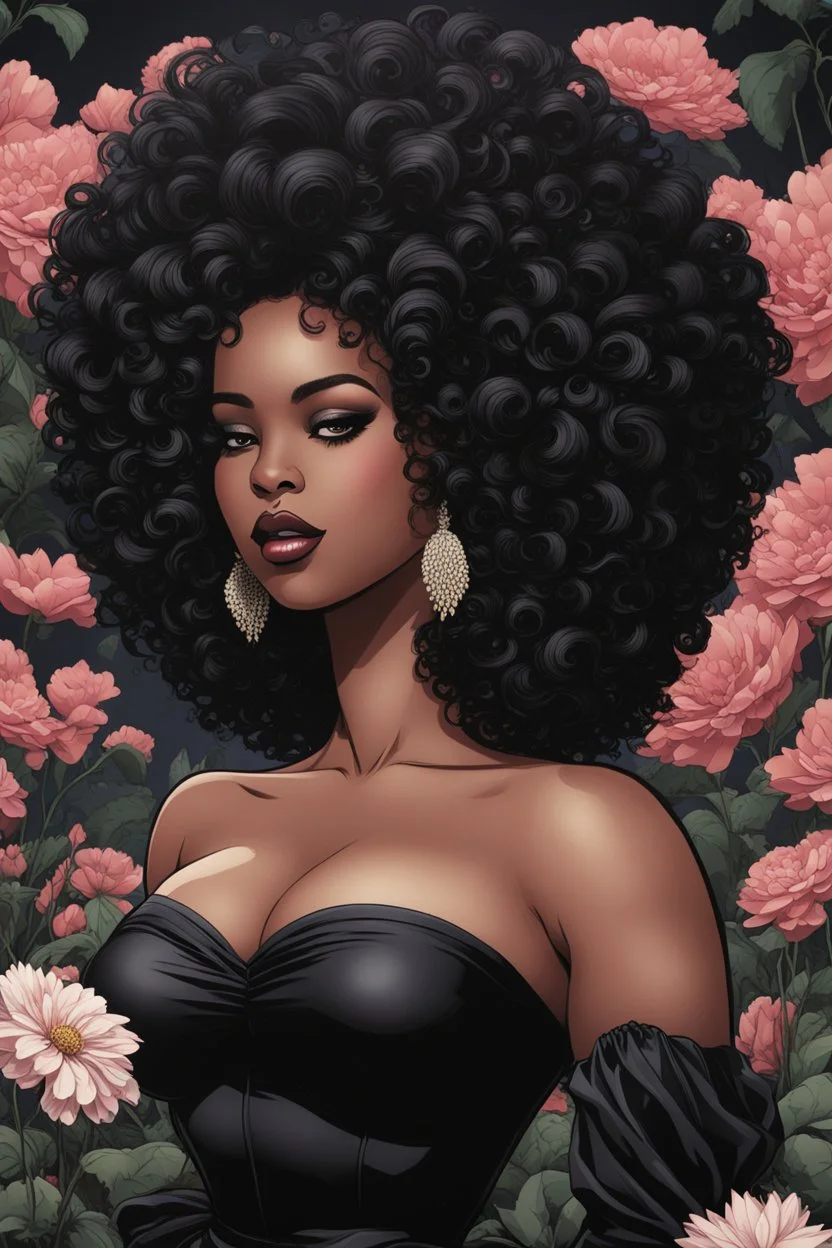 Create an comic drawing image of a curvy size black female wearing a black off the shoulder blouse and she is looking down with Prominent makeup. Highly detailed tightly curly black afro. Background of large black flowers surrounding her