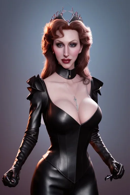 Brandi Love as evil queen in black leather, leather, busty, cleavage, angry, stern look. character design by cory loftis, fenghua zhong, ryohei hase, ismail inceoglu and ruan jia. unreal engine 5, artistic lighting, highly detailed, photorealistic, fantasy