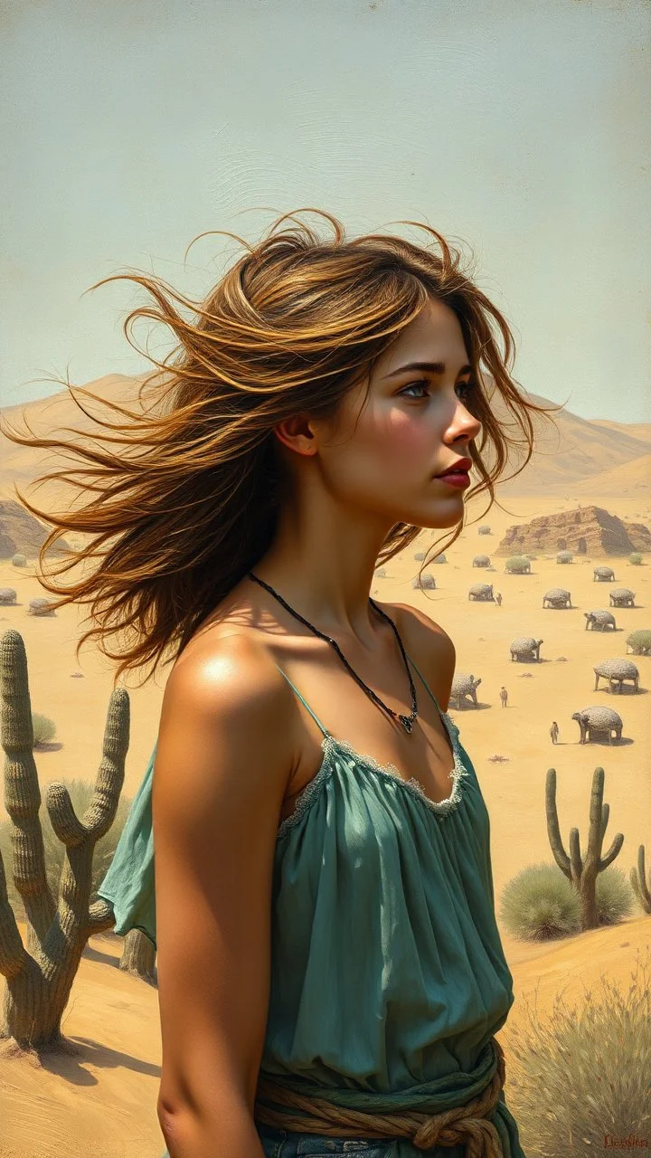 Bosch painting style a very beautiful girl with hair if white fathers standing in the desert oasis