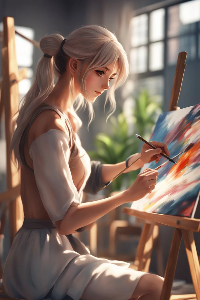 8k quality realistic image of a beautiful anime girl, she is painting on a canvas, artist, up close, 3d