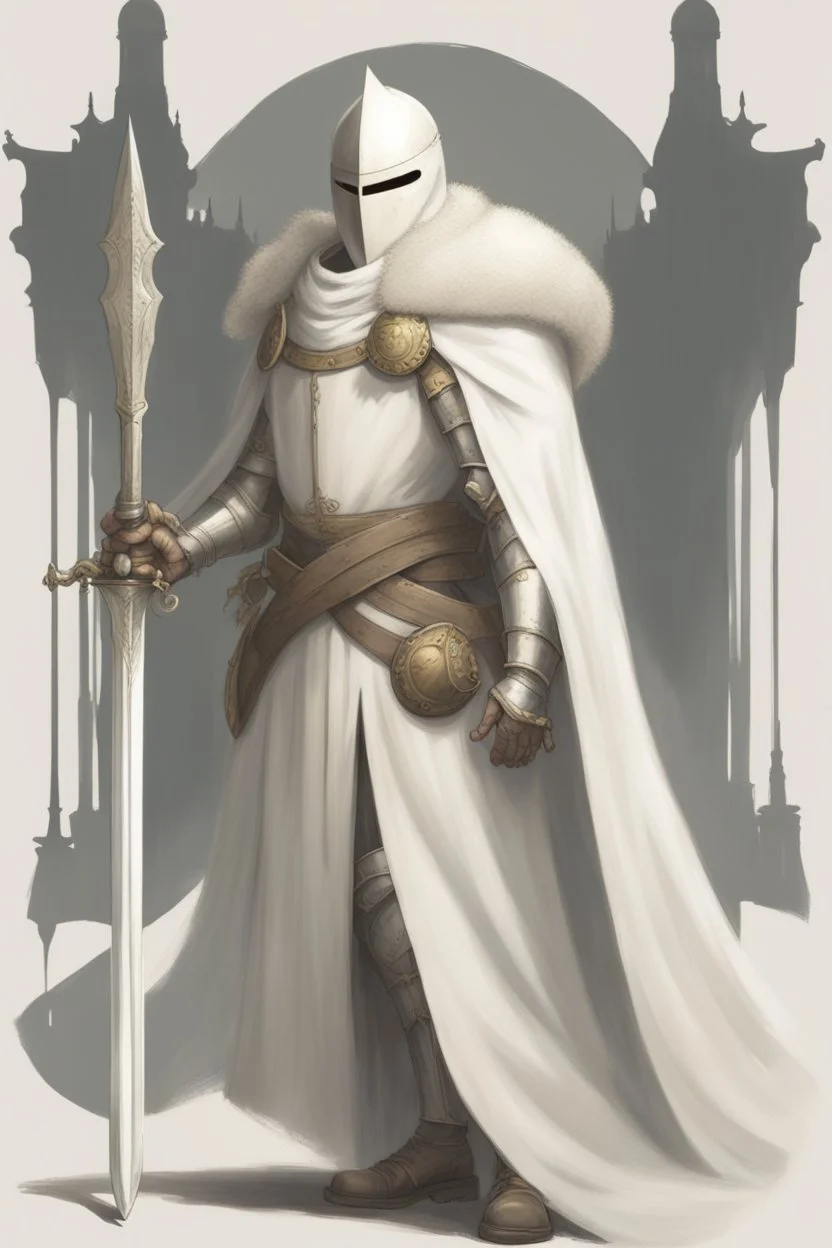 Knight wearing white robe armor and white cape with white mask, sword, and shield