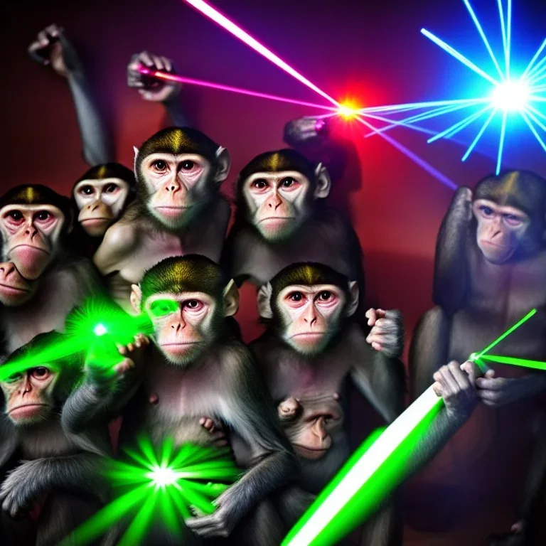 photo, laser guns, angry monkeys