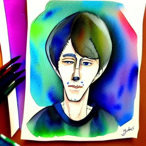 Male cypebpunk character connected to AI exploring other AI - Watercolour and Watercolour Painted Style - Jenny Rainey Style