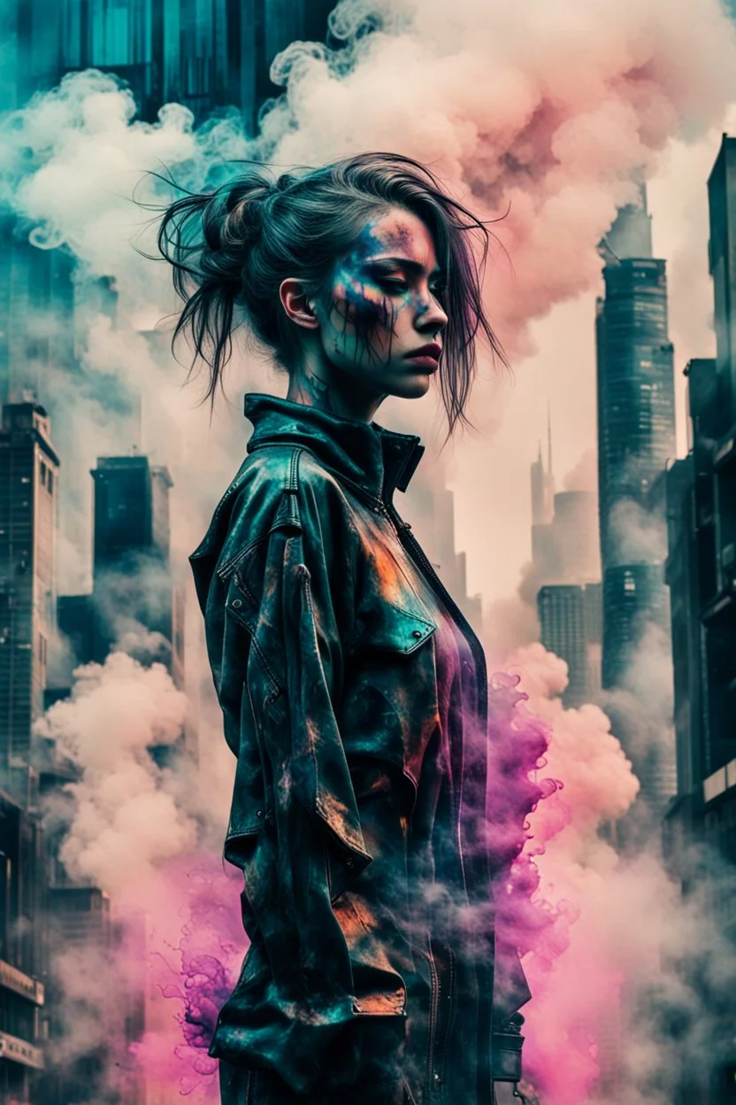 an impasto and tint line photo of a sad cyberpunk girl standing in front of a city made of smoke, ink leak, bronze - skinned, front view, geometric curves, featured art, philosophical splashes of colors, art brought to life, soul shock