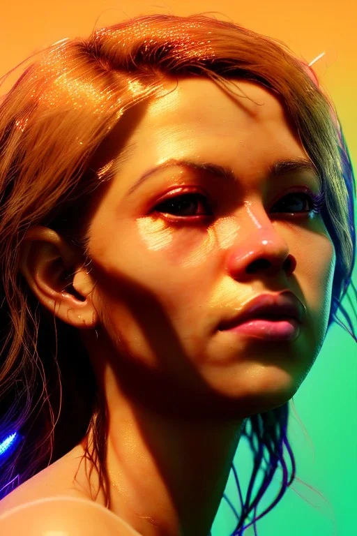 Shakira, artist, 30 years old, Realistic image, waist up portrait, etro style dress. Blonde, loose long hair, eyes make up, perfect, glow, circle iris. Neon colors, leds, geometric shapes. Dark background, photo studio, neon lights. Cyberpunk, concept art, smooth, unreal engine 5, god lights, ray tracing, RTX, lumen lighting, ultra detail, volumetric lighting, 3d, finely drawn, high definition, 4k.